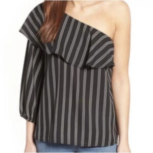 Halogen Pin Stripe One Shoulder Chiffon Blouse
